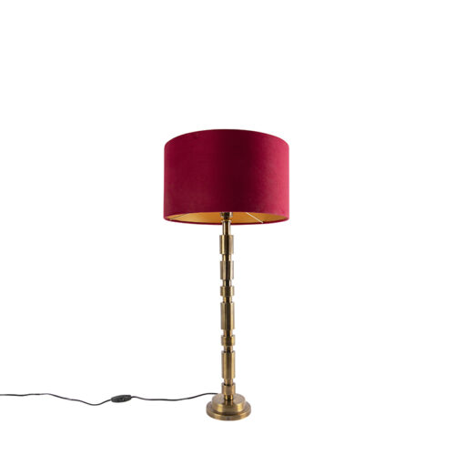 Art Deco asztali lámpa bronz 35 cm bársony árnyékolóval piros - Torre