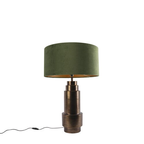 Art Deco asztali lámpa bronz bársony árnyékolóval zölddel és arannyal 50 cm - Bruut