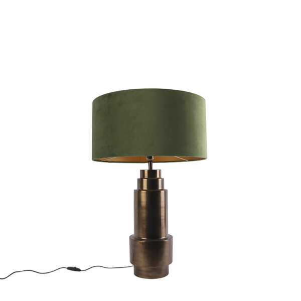 Art Deco asztali lámpa bronz bársony árnyékolóval zölddel és arannyal 50 cm - Bruut