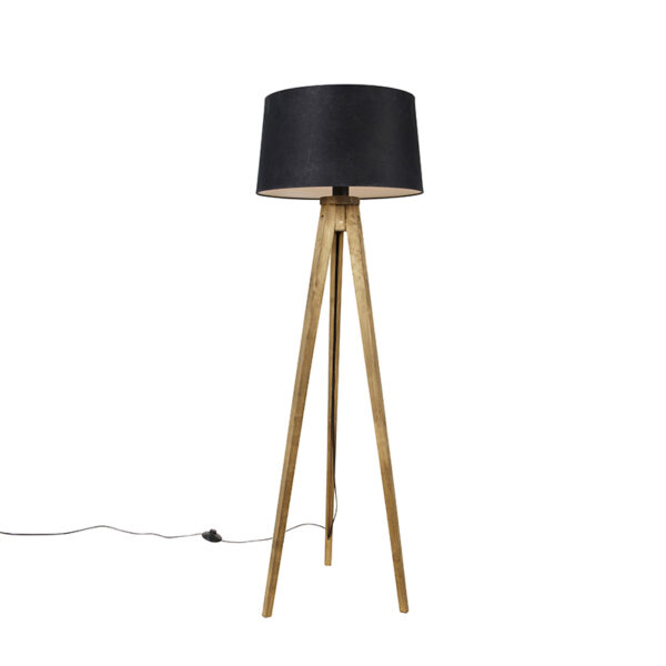 Rusztikus állólámpa háromlábú vintage fa lámpaernyővel lenvászon fekete 45 cm - Tripod Classic