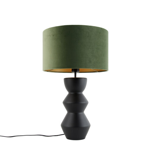 Design asztali lámpa fekete bársony búra zölddel és arannyal 35 cm - Alisia