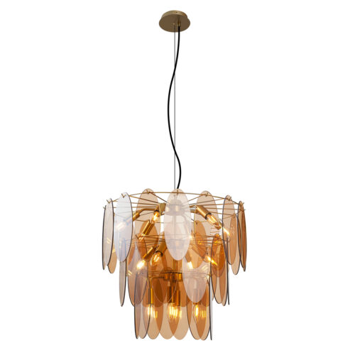 Art Deco függőlámpa arany borostyánszínű üveggel ovális 14-lámpás - Mochan