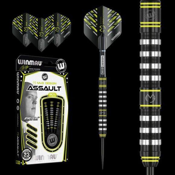 DART SZETT WINMAU STEEL MICHAEL VAN GERWEN ASSAULT 23G 90% WOLFRAM gravírozással