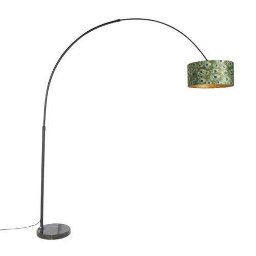 Botanikai íves lámpa fekete bársony árnyékolóval páva mintával 50 cm - XXL