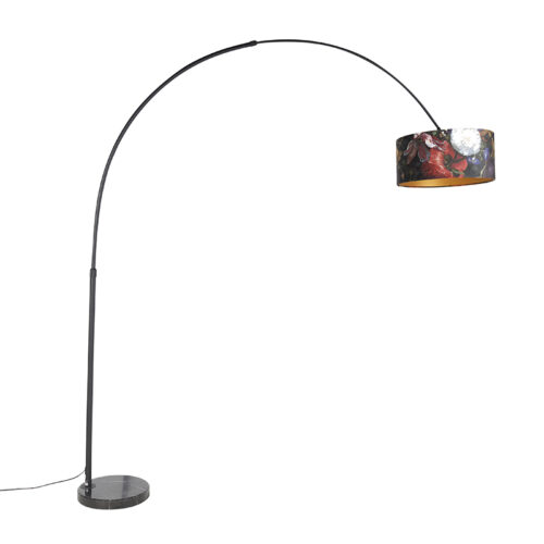 Íves lámpa fekete bársony árnyékolóval virágmintával 50 cm - XXL