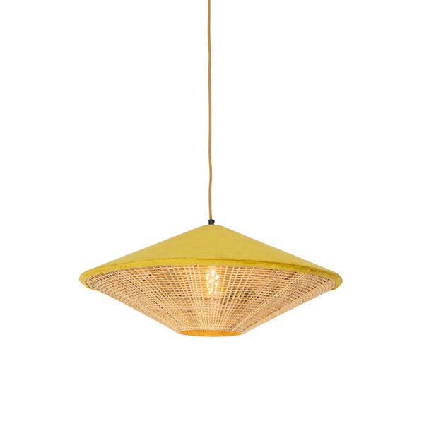 Rusztikus függőlámpa sárga bársony és rattan 60 cm - Frills Can